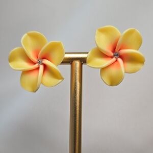 Polymer Clay Yellow Plumeria And Rhinestone Earrings